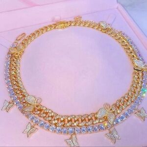 Butterfly Cuban and tennis necklace set , 2 piece butterfly necklace